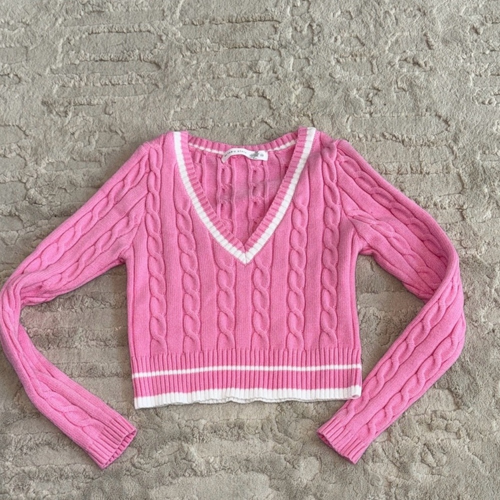 Altar'd State Pink V-Neck Cropped Cable Sweater XS